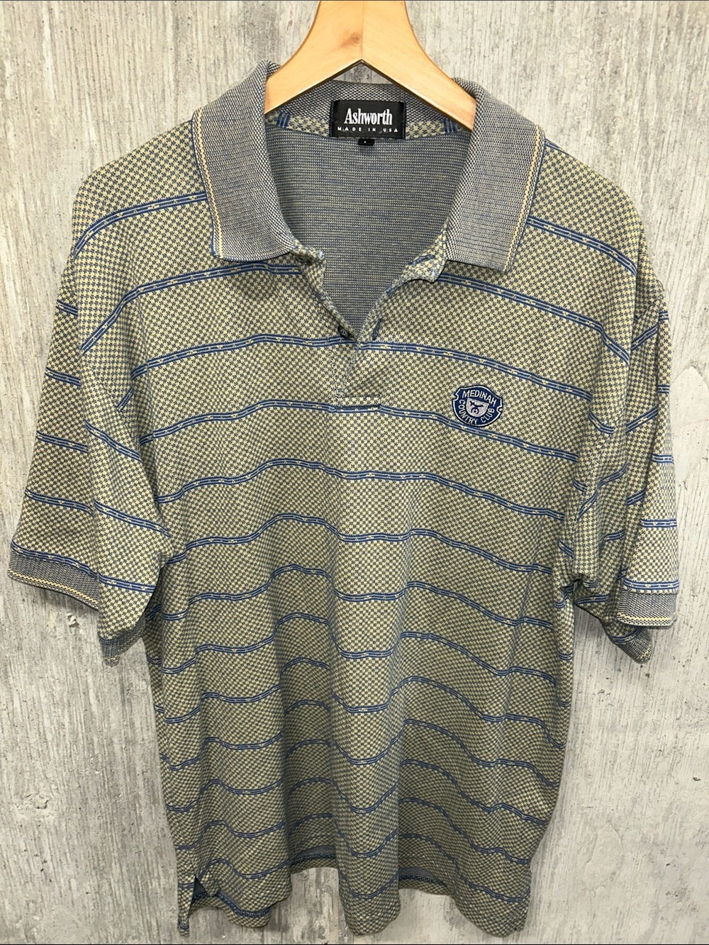 Ashworth Medinah Country Club Golf Polo Olive Green and Blue Stripe Accents L